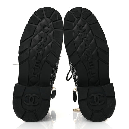 Chanel Wool Tweed Calfskin Chain Lace Up Combat Boots 38 Black White 7 of 11