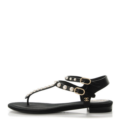 Chanel Grosgrain Pearl Sandals 37.5 Black 1 of 7