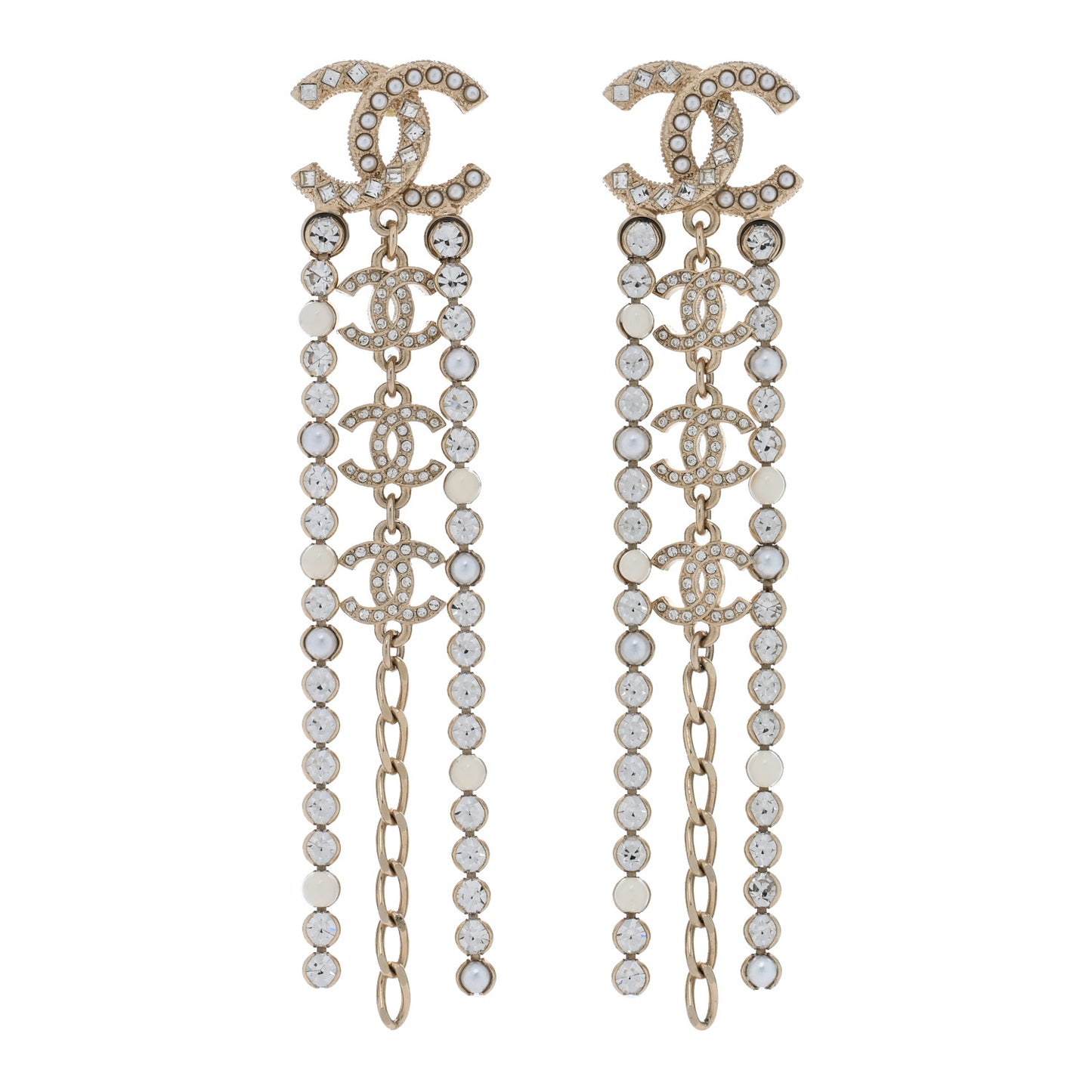 Pearl Crystal CC Chain Drop Earrings Light Gold Pearly White