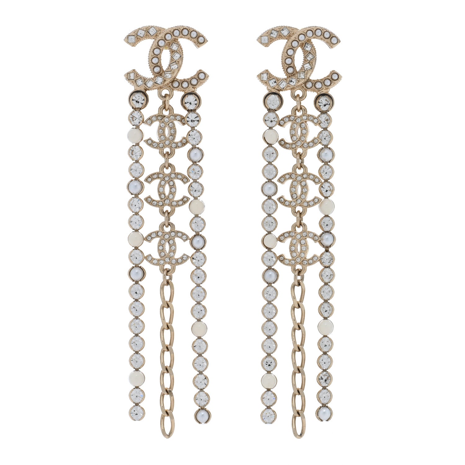 Chanel Pearl Crystal CC Chain Drop Earrings Light Gold Pearly White 1 of 5
