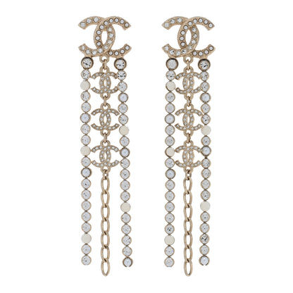 Chanel Pearl Crystal CC Chain Drop Earrings Light Gold Pearly White 1 of 5