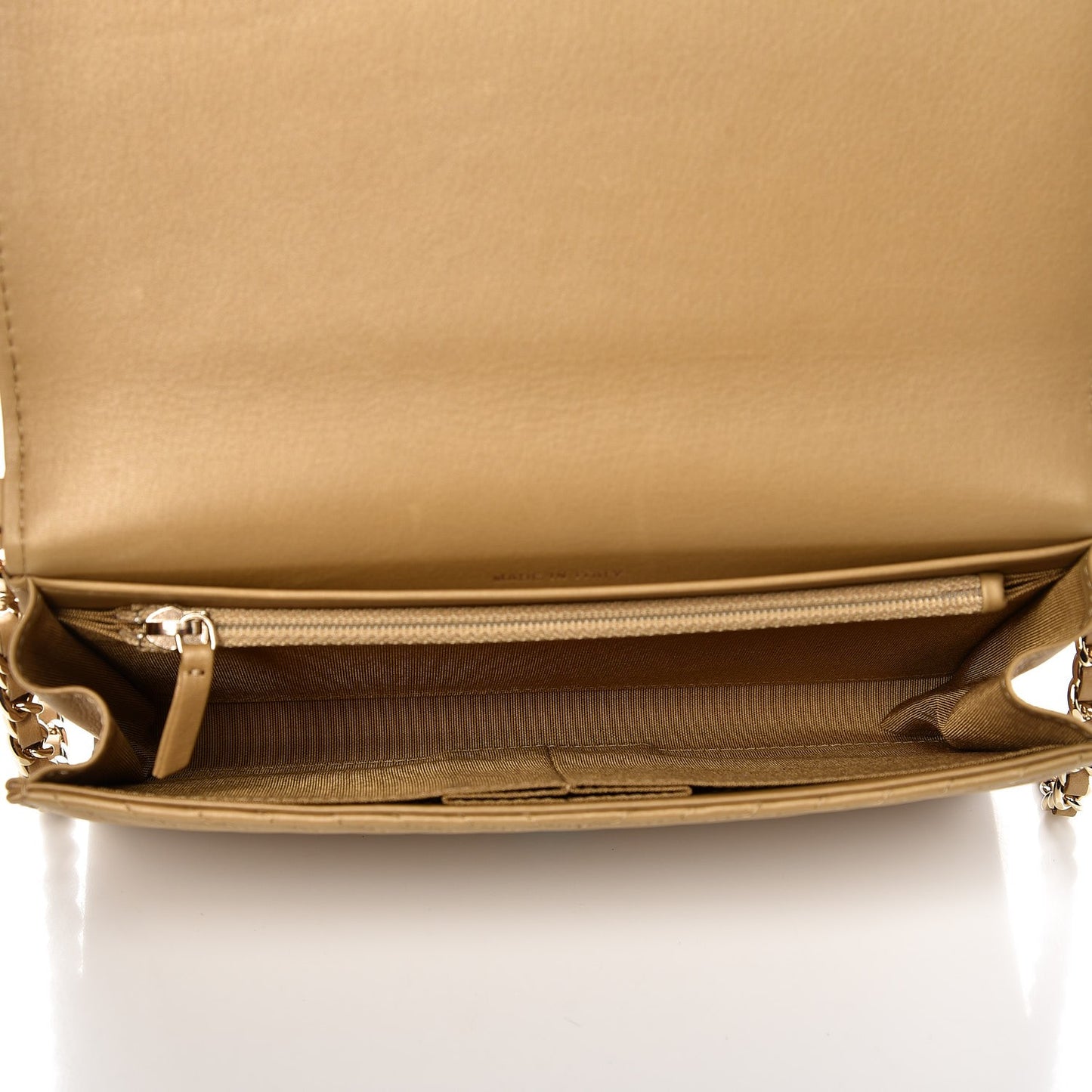Calfskin Chevron Quilted Boy Wallet On Removable Chain WOC Dark Beige