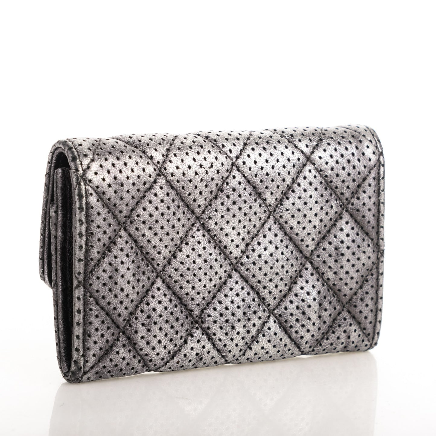 Metallic Calfskin Perforated Quilted Card Holder Grey