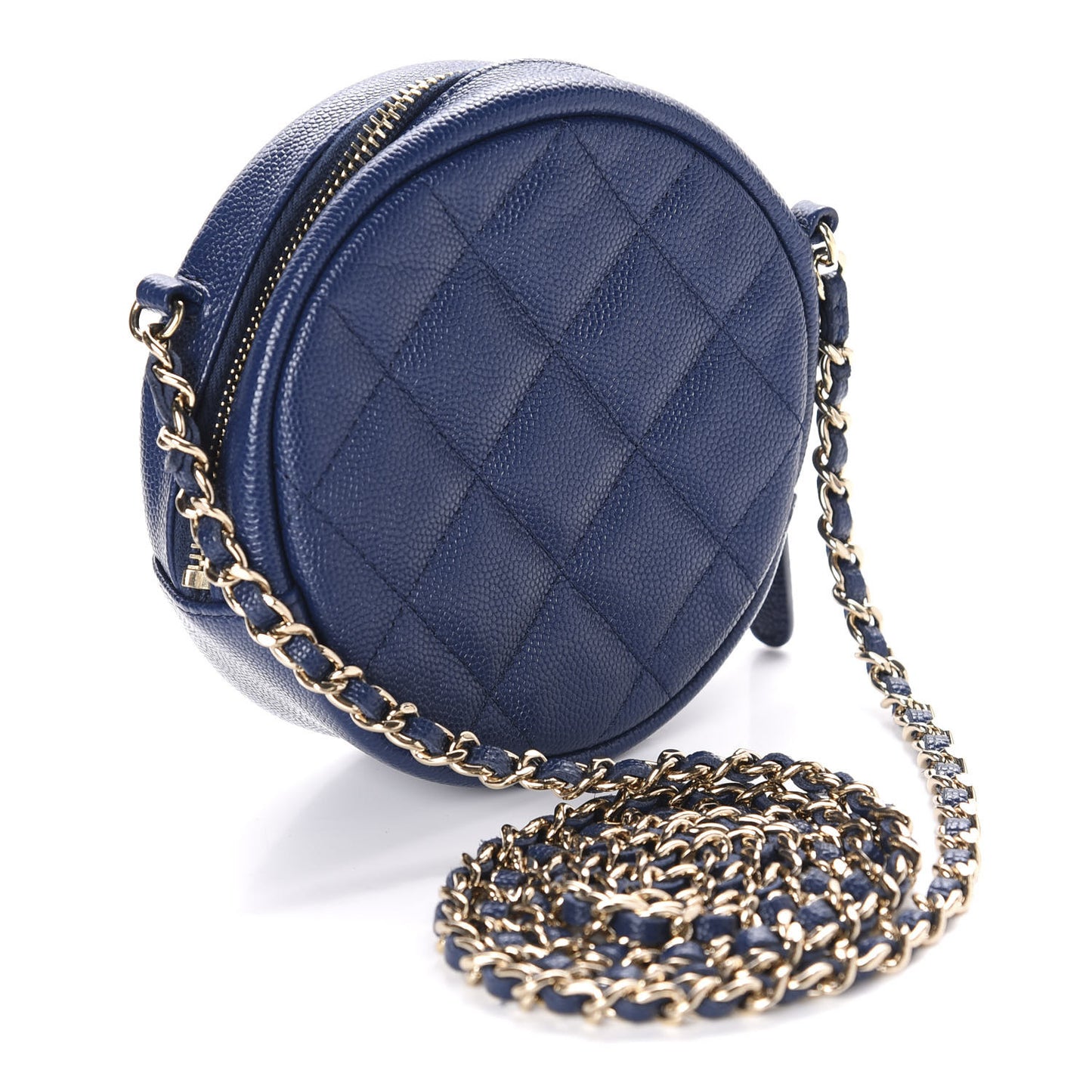 Caviar Quilted Round Clutch With Chain Navy