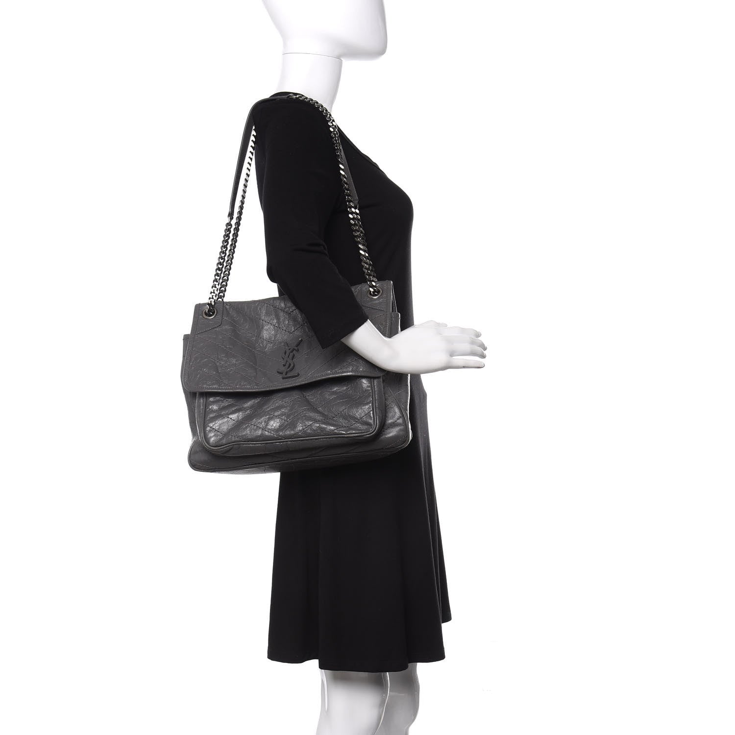 Saint Laurent Crinkled Calfskin Matelasse Monogram Large Niki Chain Satchel Storm 2 of 10