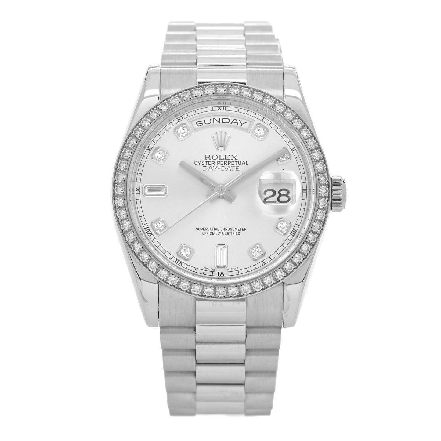 Platinum Diamond 36mm Oyster Perpetual Day-Date President Watch Silver 118346