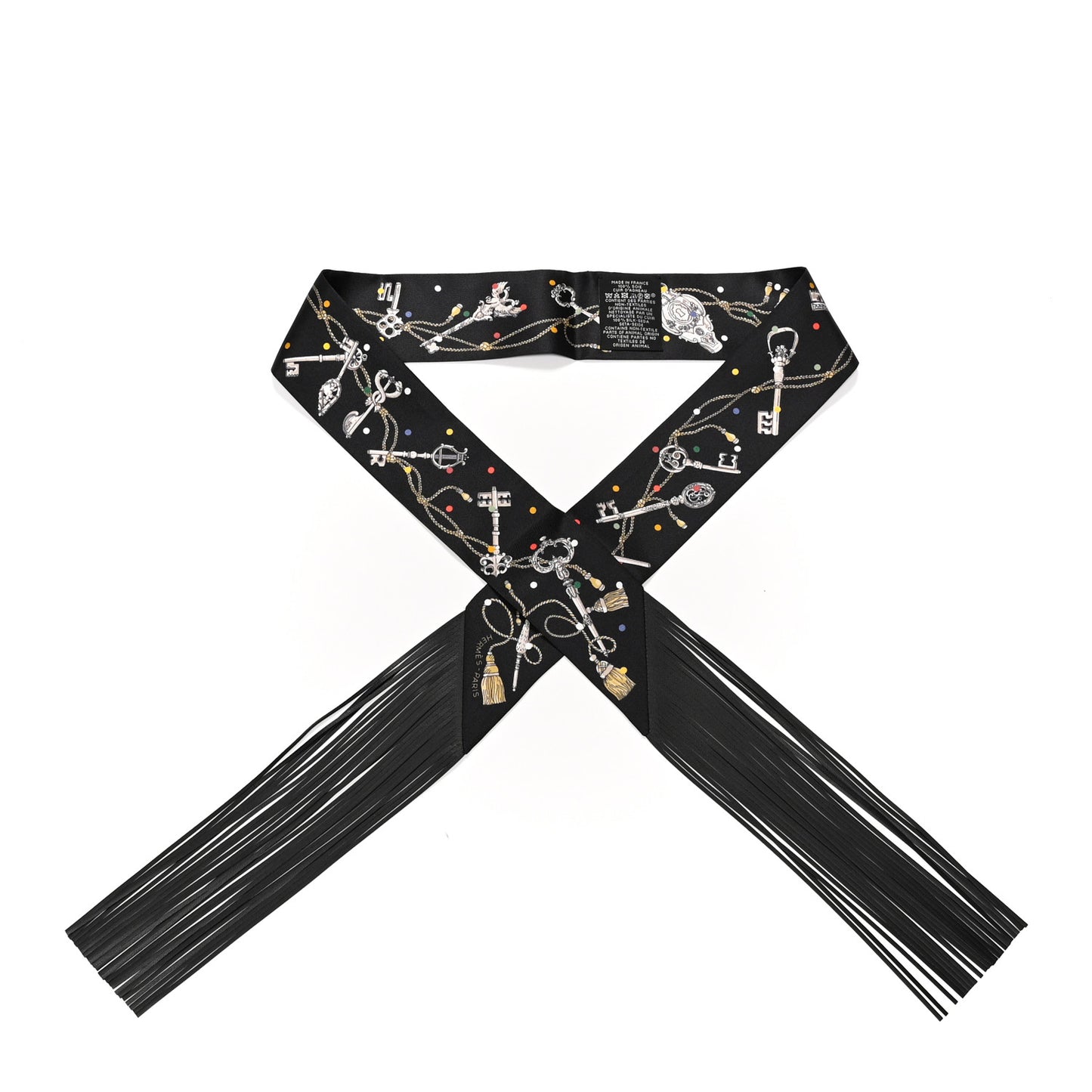 Silk Calfskin Les Cles A Pois Fringed Twilly Black Mordore White
