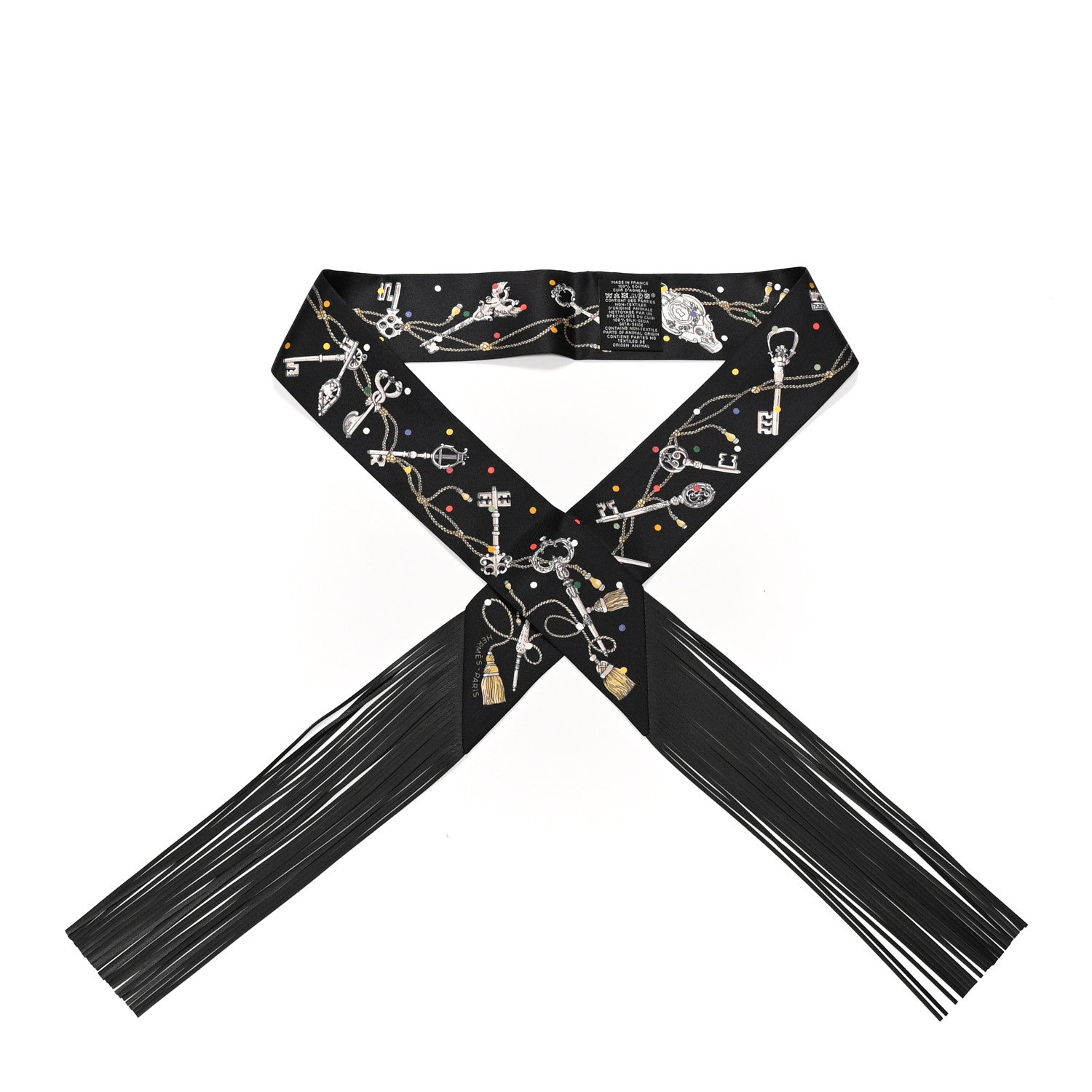 Hermes Silk Calfskin Les Cles A Pois Fringed Twilly Black Mordore White 1 of 4