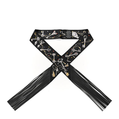 Hermes Silk Calfskin Les Cles A Pois Fringed Twilly Black Mordore White 1 of 4