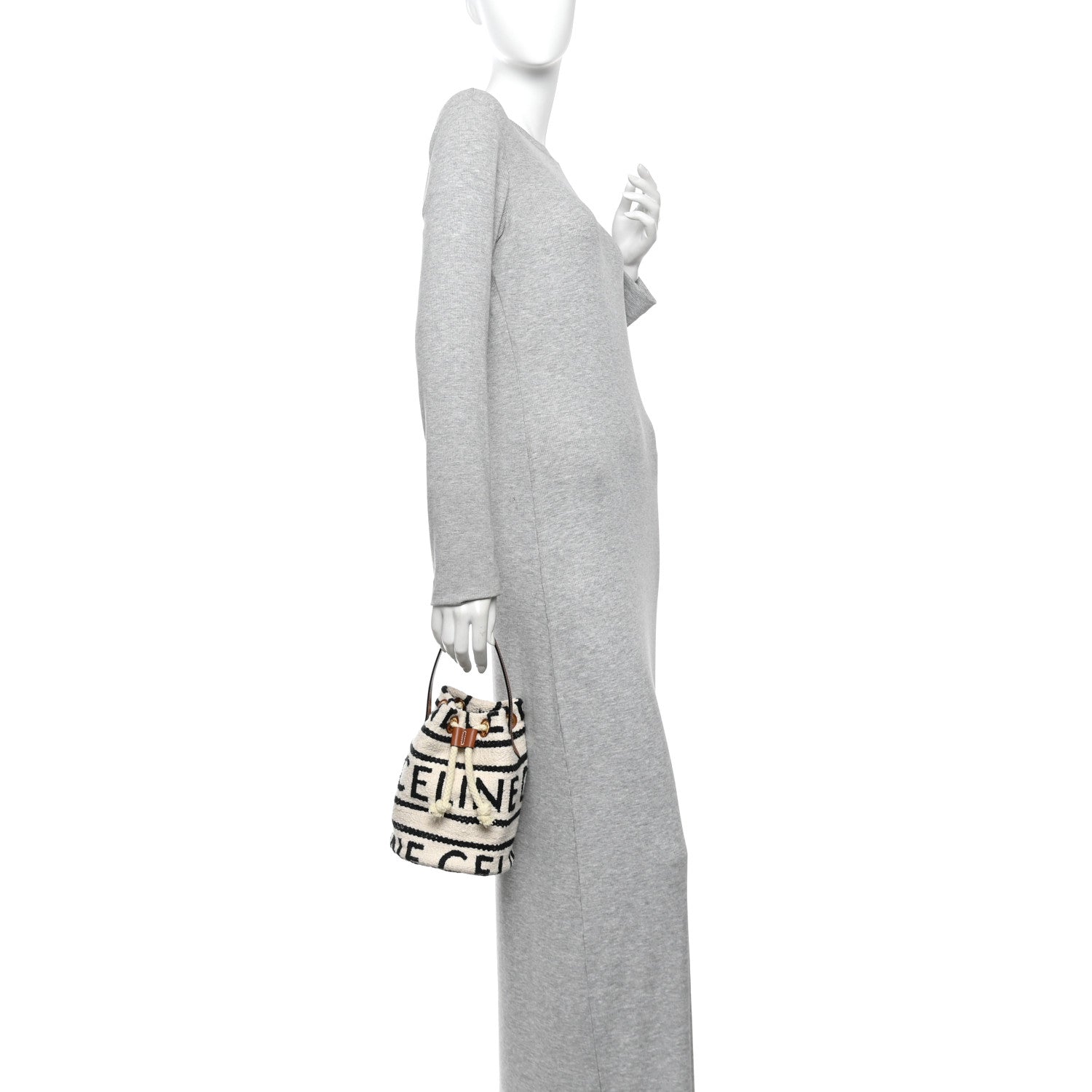 Celine Canvas Drawstring Logo Bucket Bag White Black 2 of 9