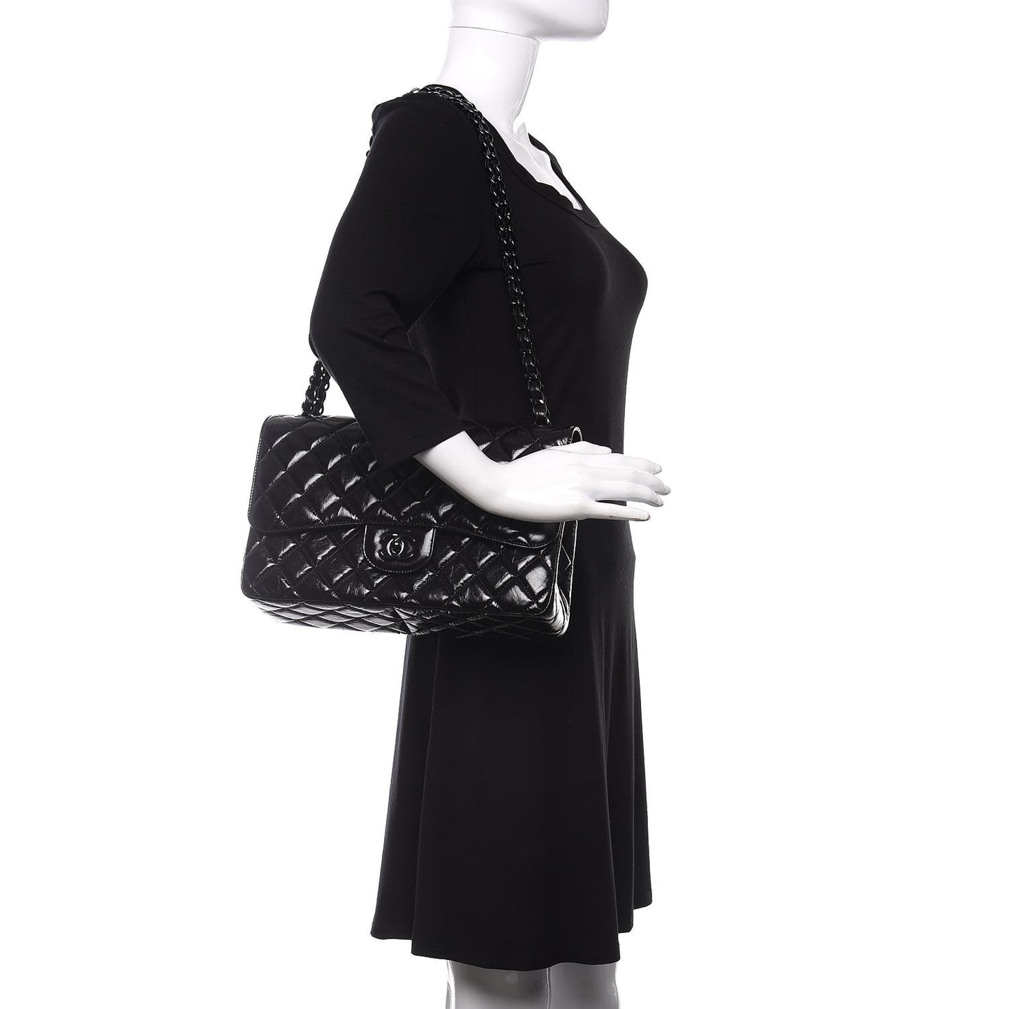 Shiny Distressed Calfskin Quilted Jumbo Double Flap So Black