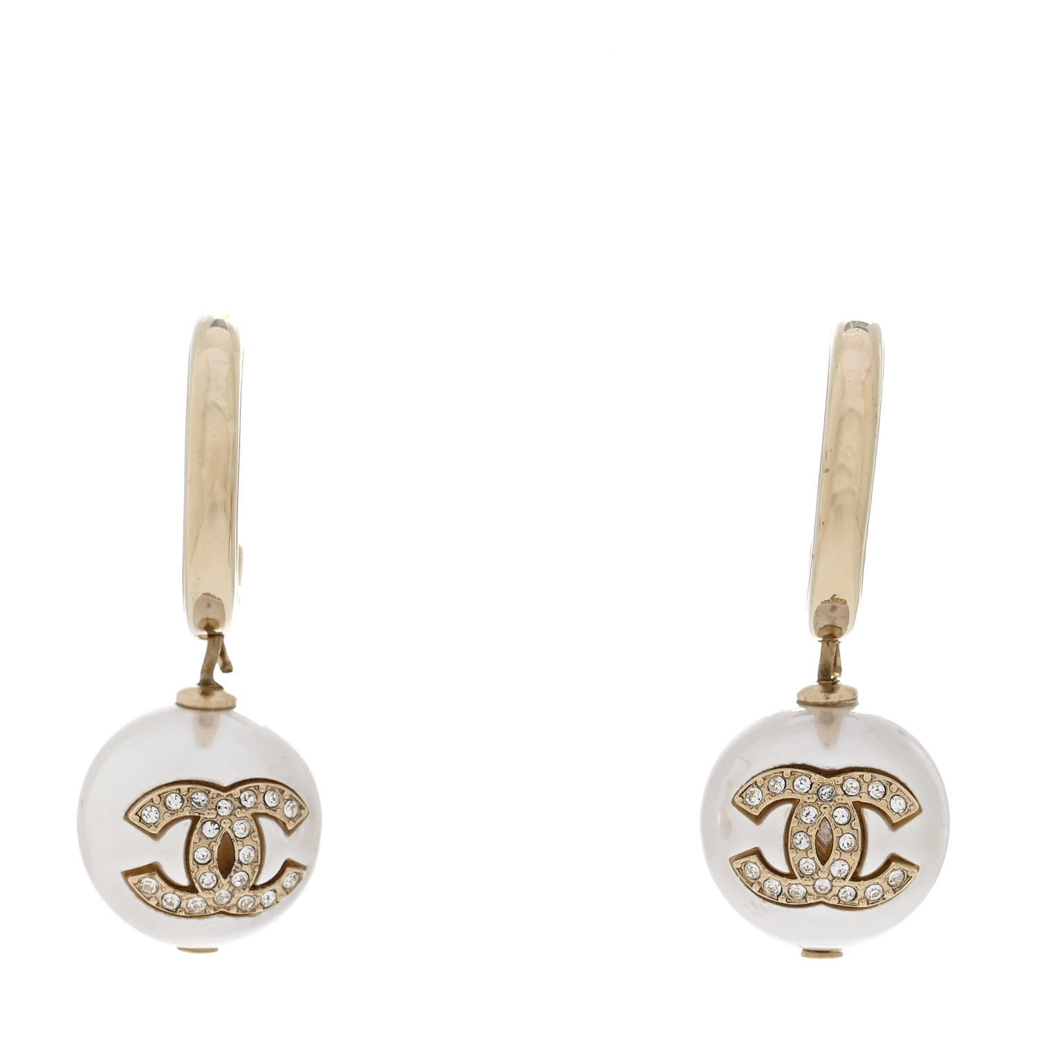 Chanel Pearl Crystal CC Drop Earrings Gold Pearly White 1 of 5