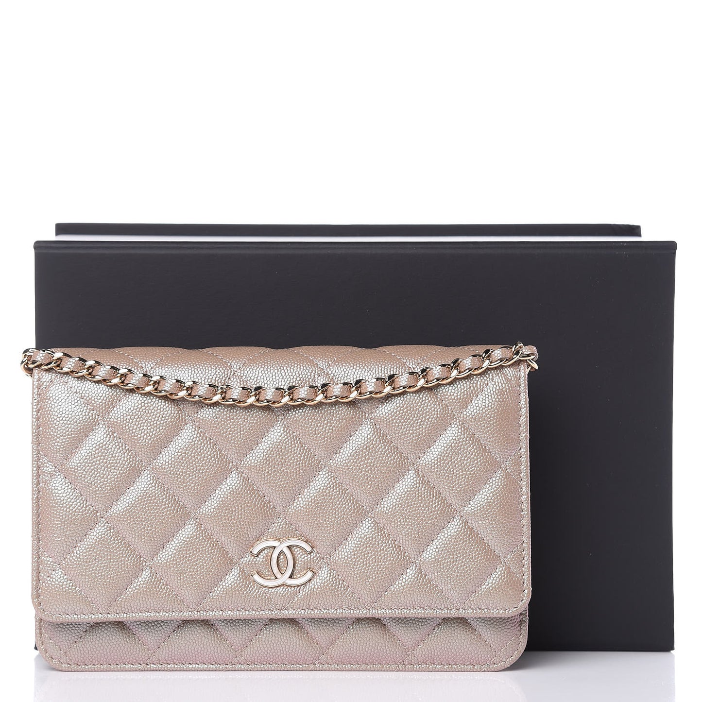 Iridescent Caviar Quilted Wallet On Chain WOC Beige