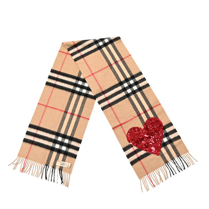 Burberry Cashmere Sequin Check Heart Fringe Scarf Camel Red 2 of 4