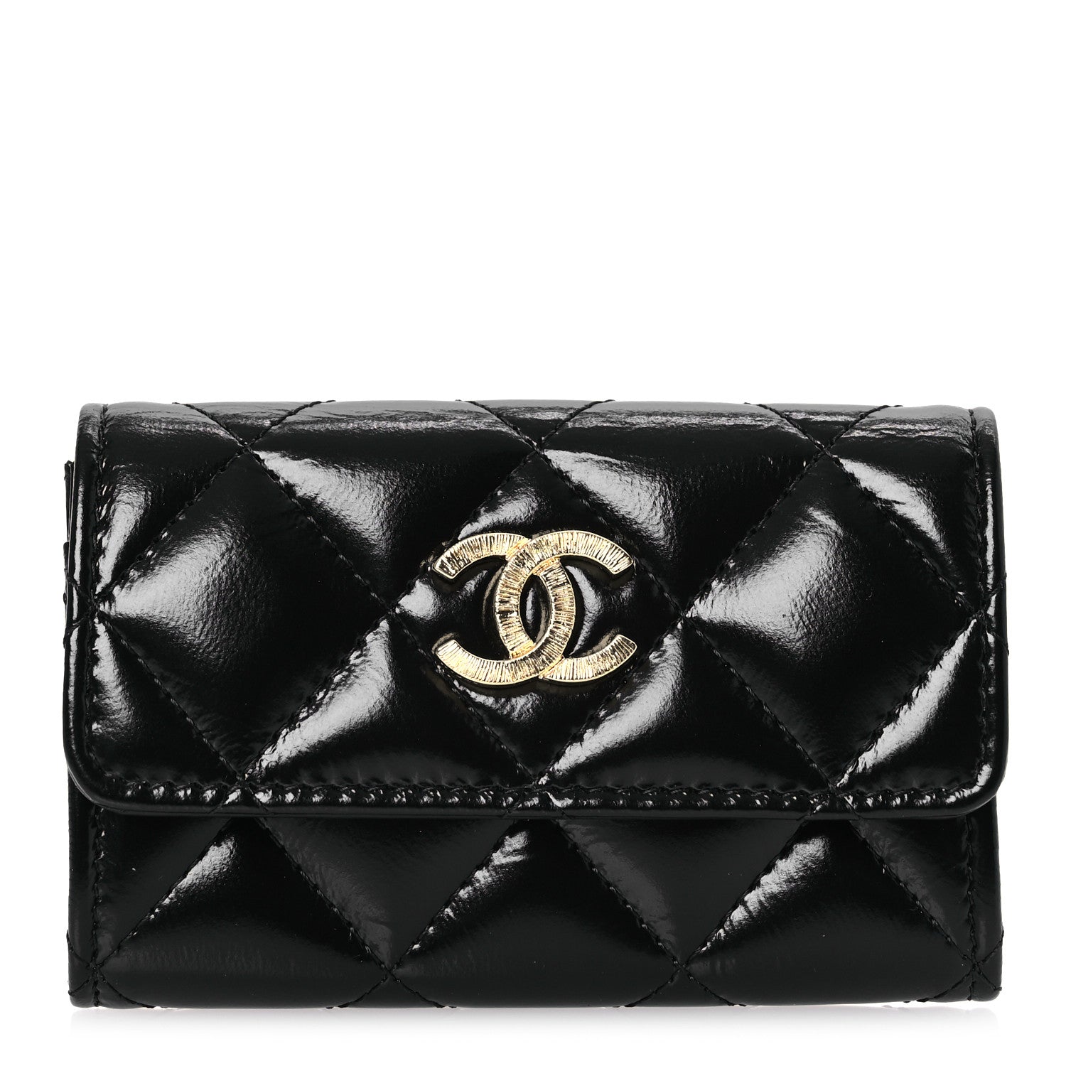 Chanel Shiny Lambskin Quilted Textured CC Card Holder Black 1 of 11