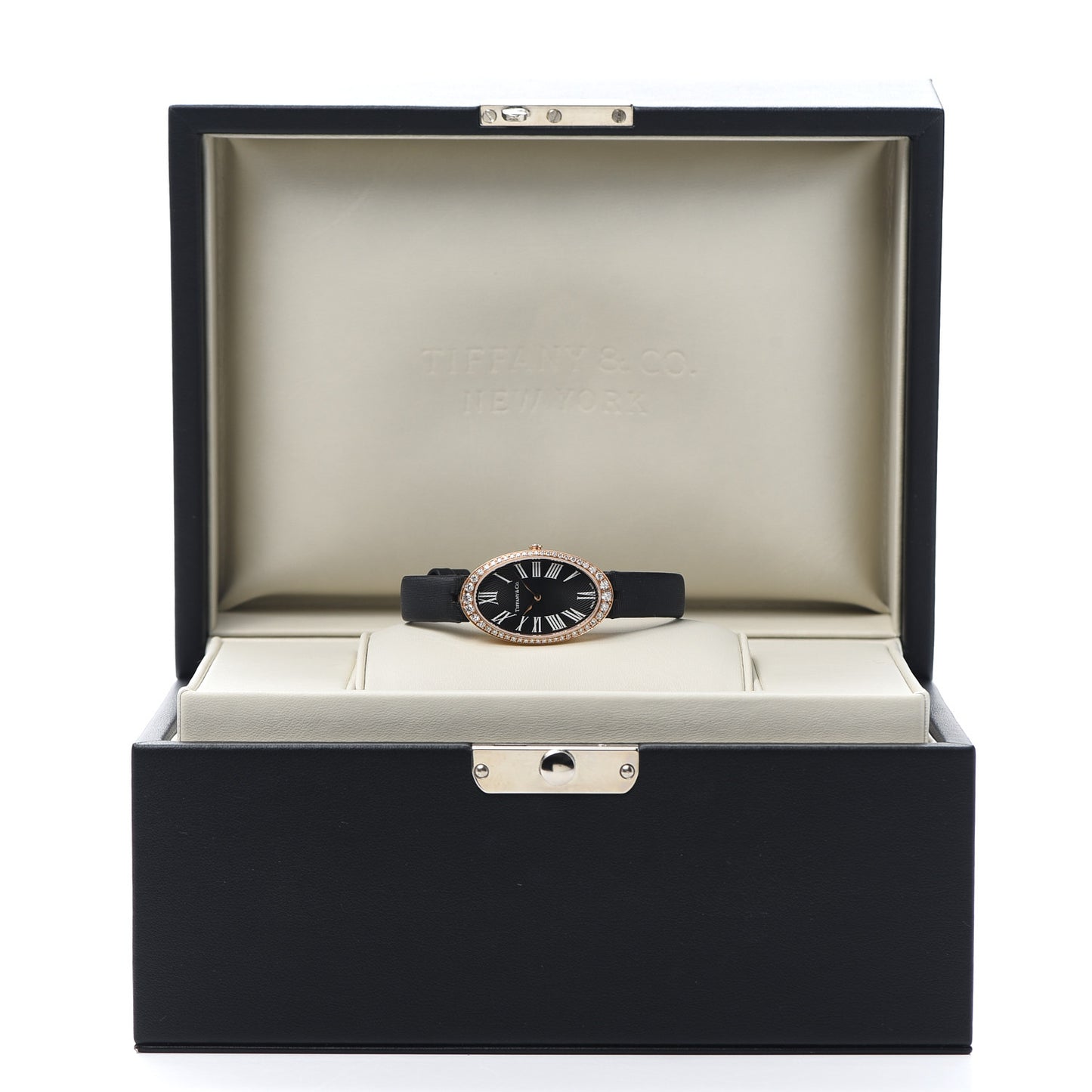 18K Rose Gold Satin Diamond Bezel 21mm 2-Hand Cocktail Quartz Watch Black
