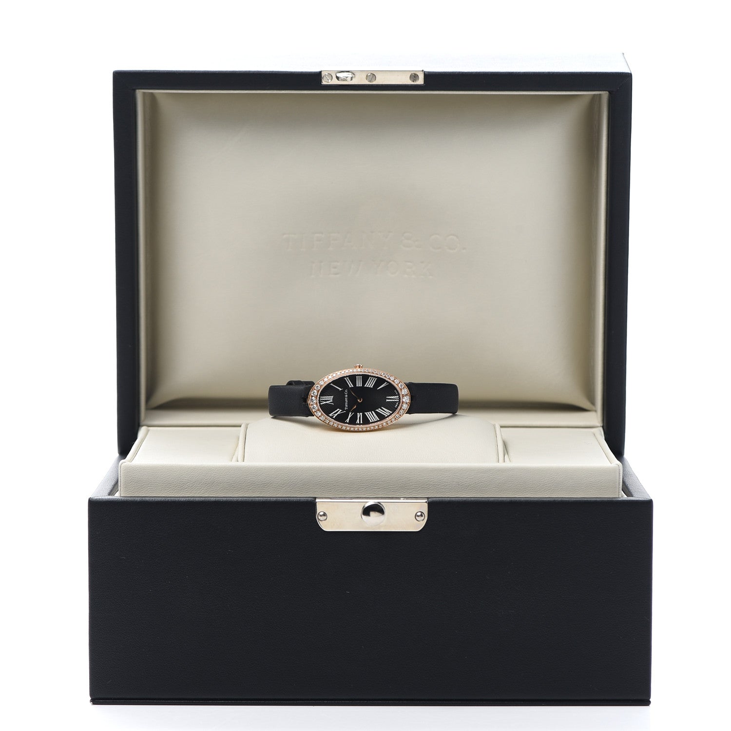 Tiffany 18K Rose Gold Satin Diamond Bezel 21mm 2-Hand Cocktail Quartz Watch Black 5 of 5