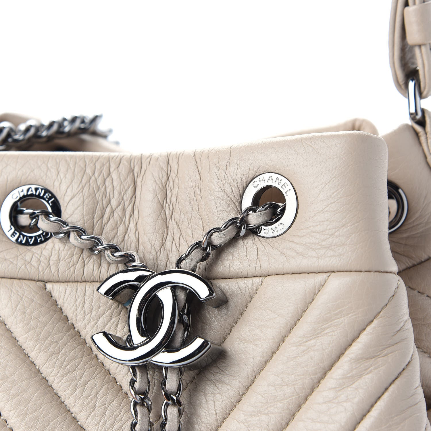 Chanel Deerskin Chevron Small CC Chain Bucket Bag Beige 7 of 8