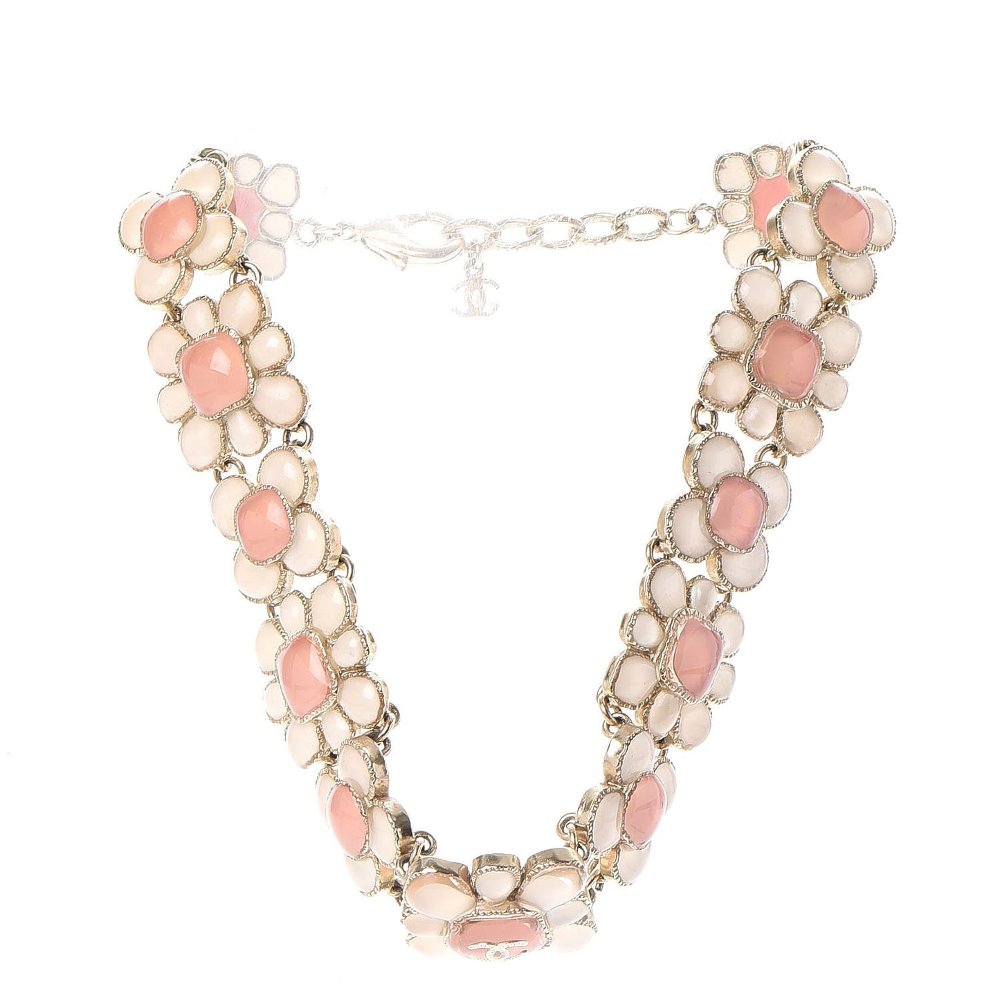 Gripoix Poured Glass CC Korean Blossom Choker Necklace Gold Pink White