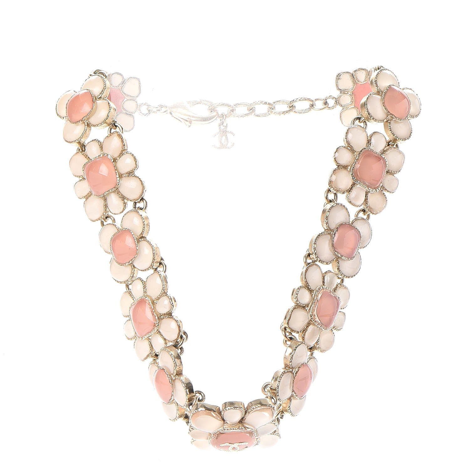 Chanel Gripoix Poured Glass CC Korean Blossom Choker Necklace Gold Pink White 6 of 9