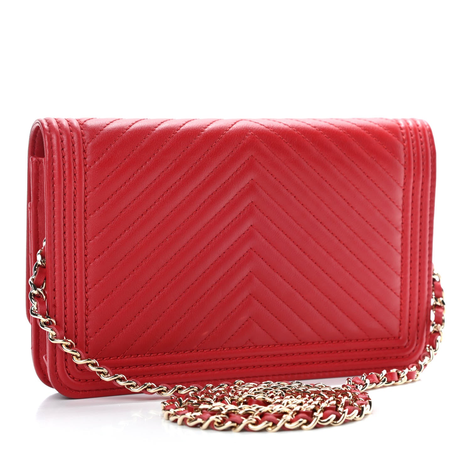 Chanel Calfskin Chevron Quilted Boy Wallet On Chain WOC Red 2 of 5