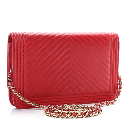 Chanel Calfskin Chevron Quilted Boy Wallet On Chain WOC Red 2 of 5