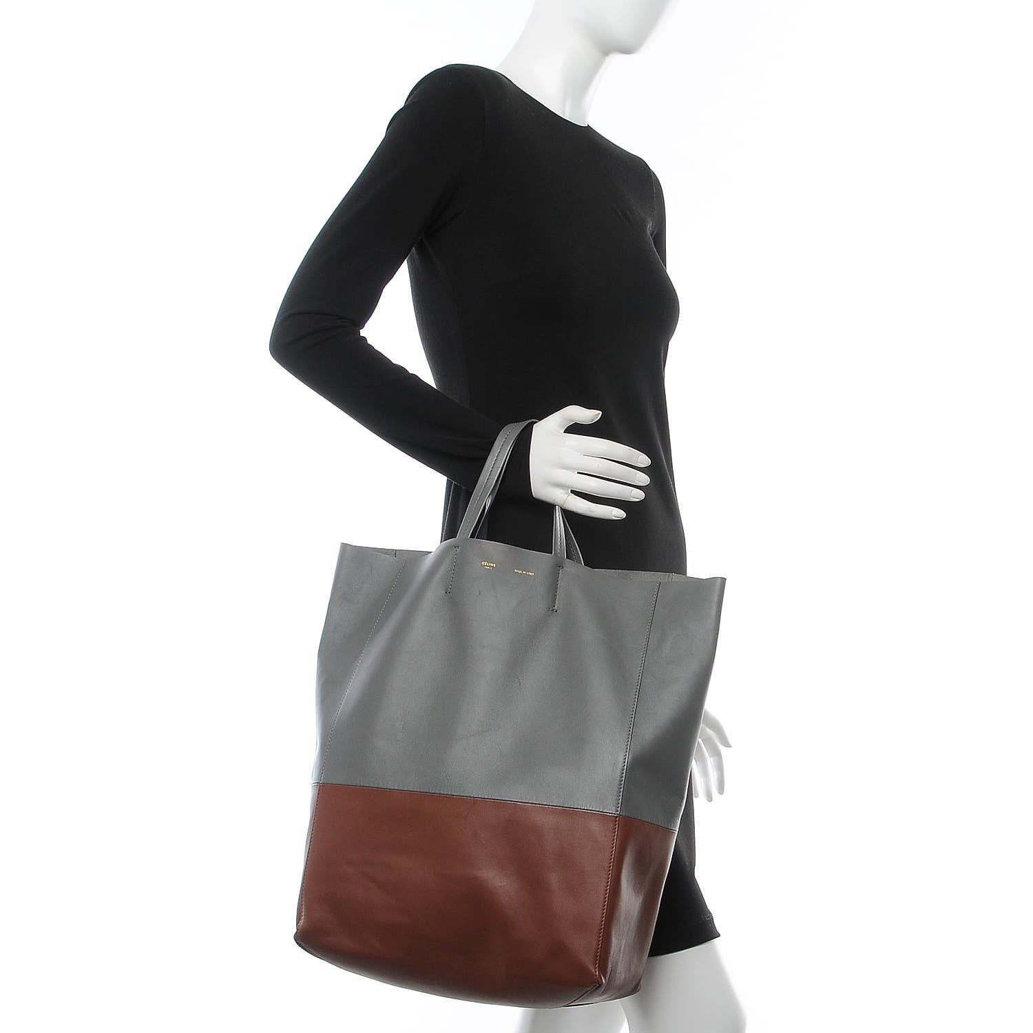 Celine Lambskin Vertical Bi-Cabas Grey Cognac 2 of 8