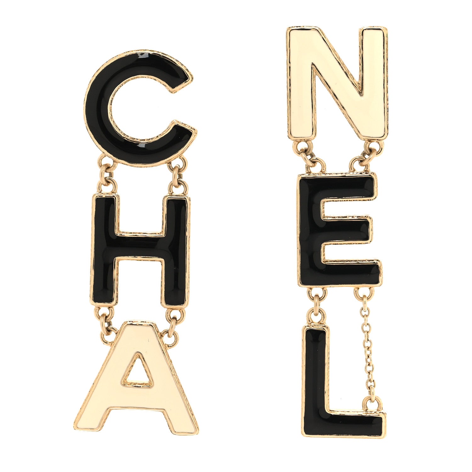 Chanel Metal Enamel Cha-Nel Logo Drop Earrings Black White 1 of 5