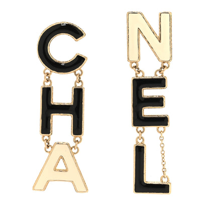 Chanel Metal Enamel Cha-Nel Logo Drop Earrings Black White 1 of 5
