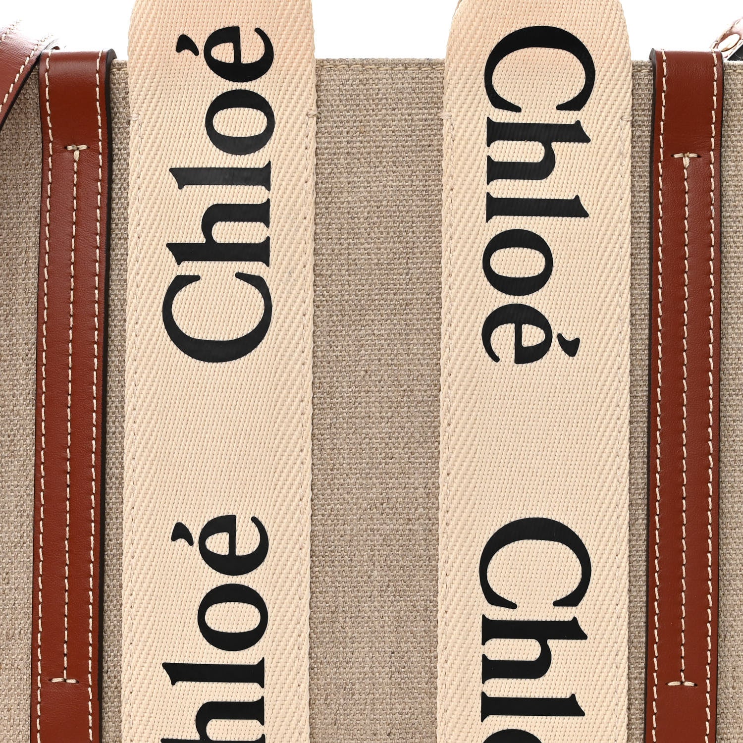 Chloe Linen Calfskin Small Woody Ribbon Tote With Strap White Brown 8 of 14