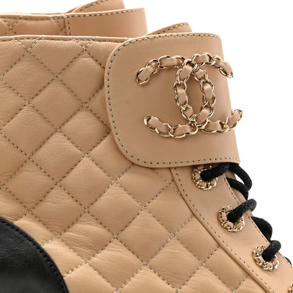 Chanel Lambskin Calfskin Quilted Lace Up Combat Boots 37.5 Beige Black 8 of 14