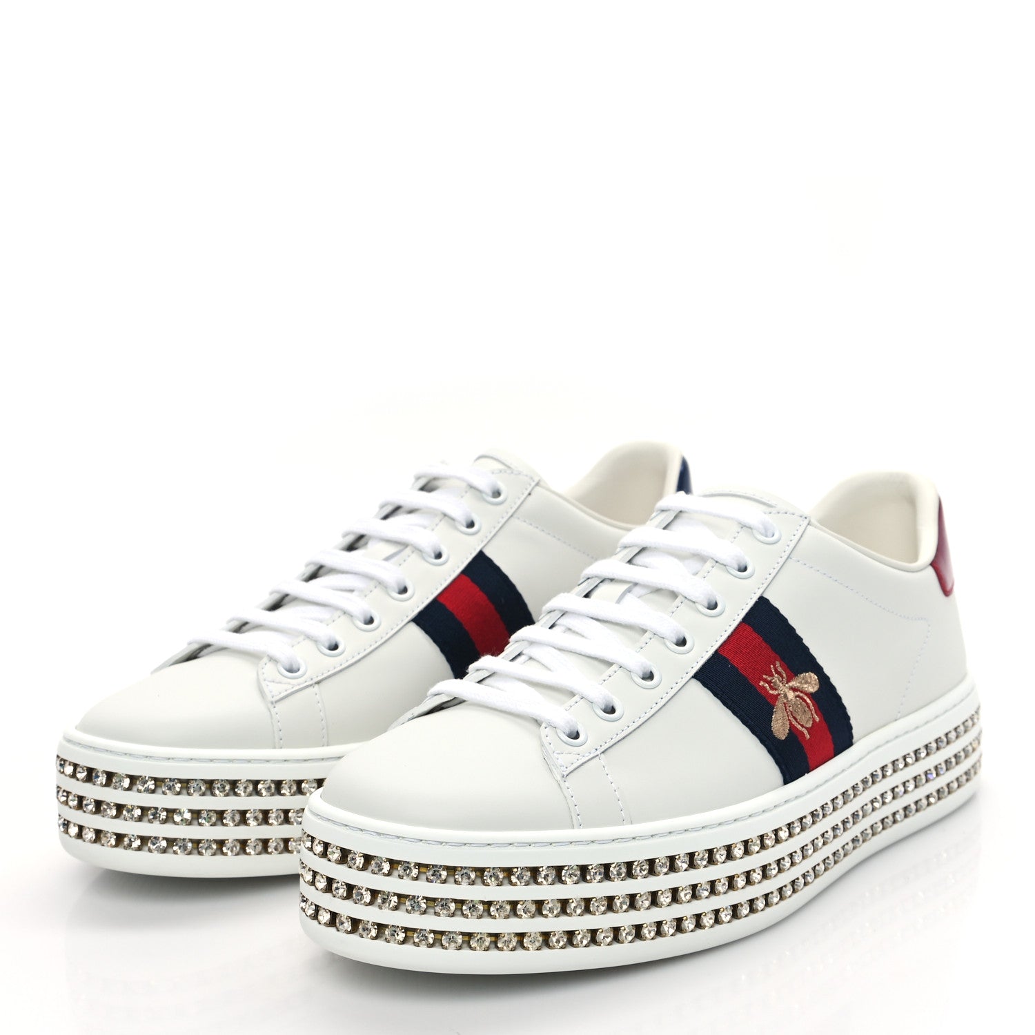 Gucci Calfskin Crystal Web Bee Embroidered Womens Ace Platform Sneakers 40 White 3 of 9