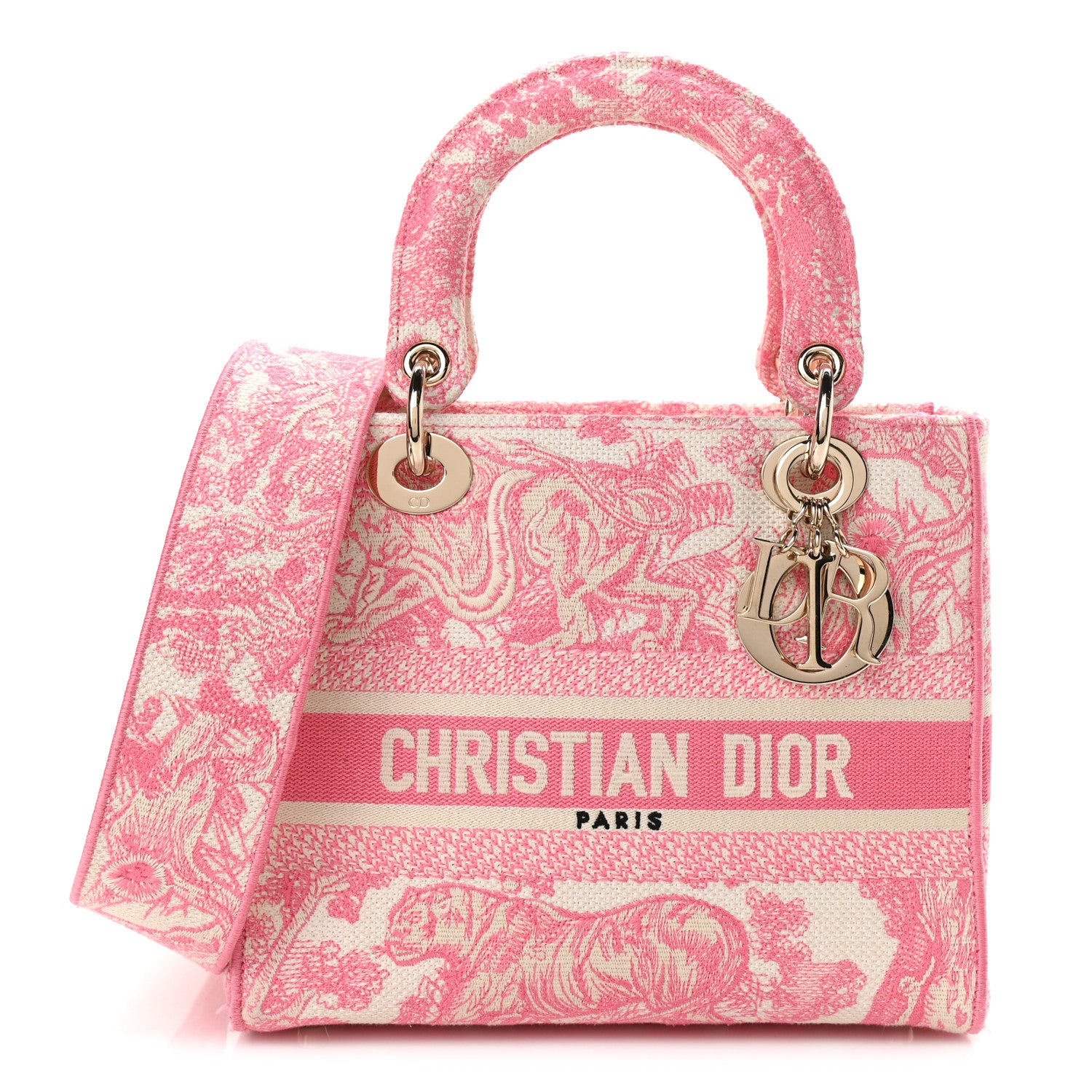 Christian Dior Canvas Toile De Jouy Embroidered Medium Lady D-Lite Peony Pink 1 of 10