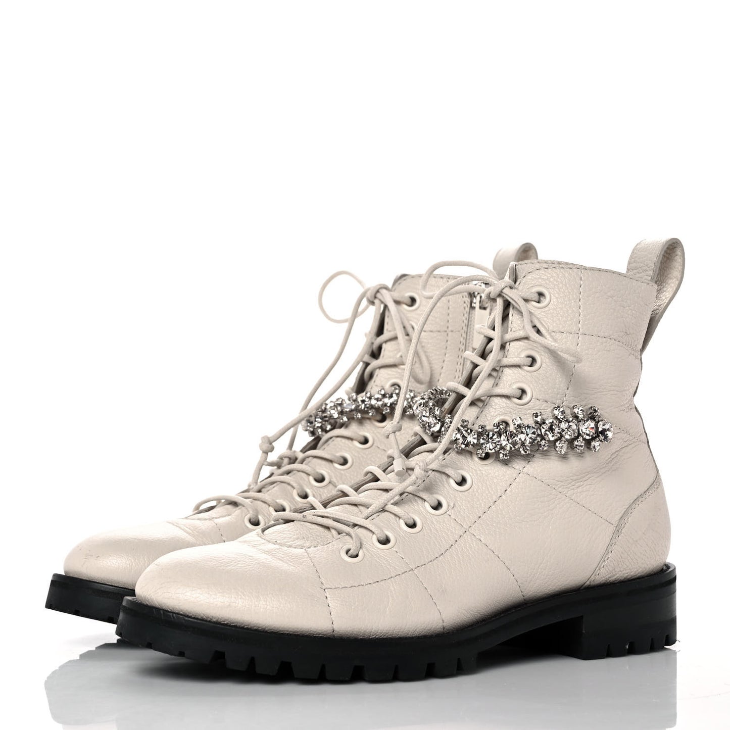 Grained Calfskin Crystal Embellished Cruz Combat Boots 36.5 White