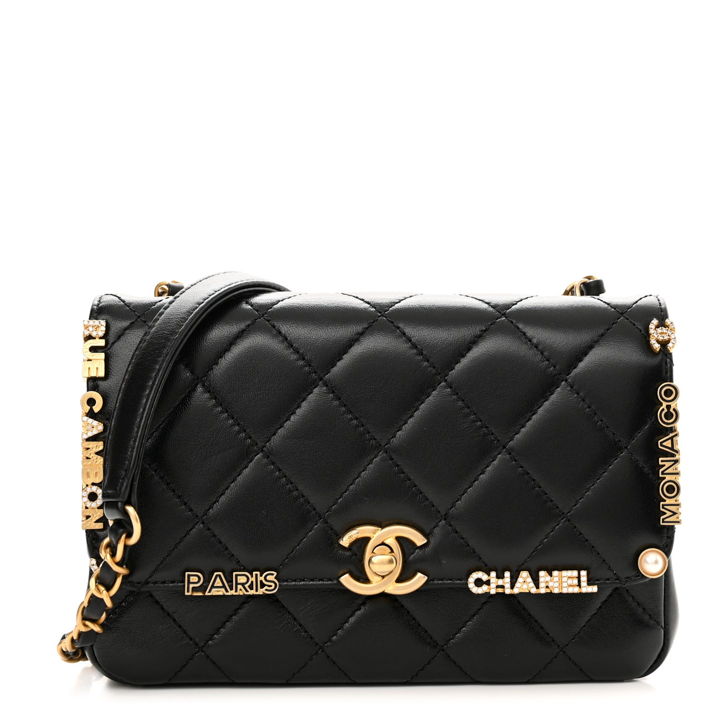 Lambskin Enamel Strass Quilted Mini Paris Monaco Flap Black