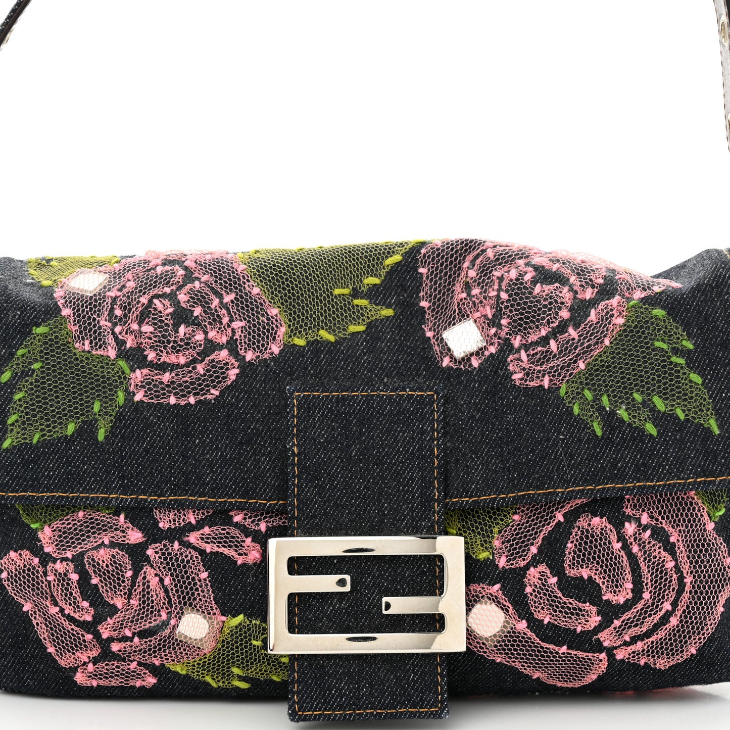 Denim Lace Embroidered Floral Baguette Blue Multicolor