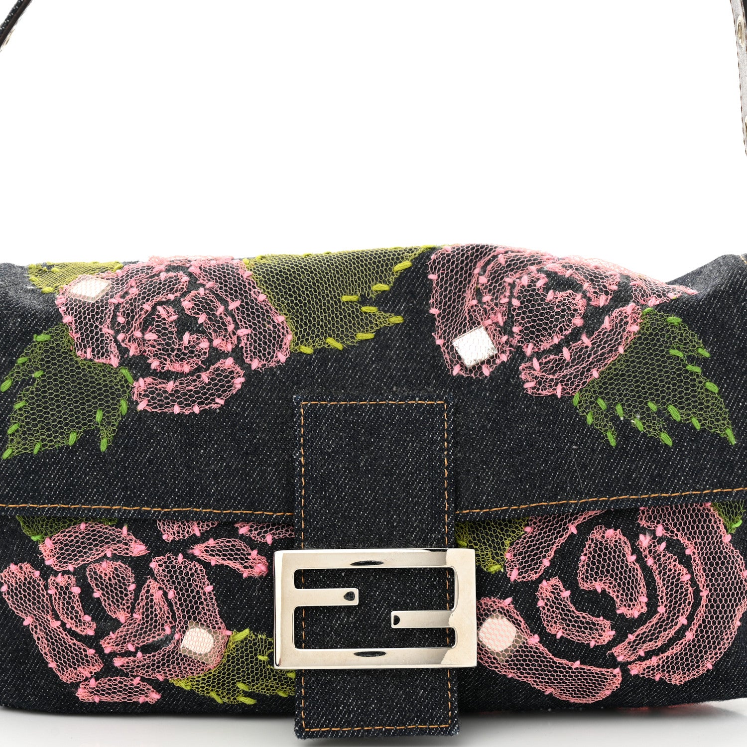 Fendi Denim Lace Embroidered Floral Baguette Blue Multicolor 7 of 9