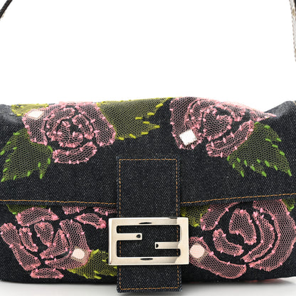 Fendi Denim Lace Embroidered Floral Baguette Blue Multicolor 7 of 9