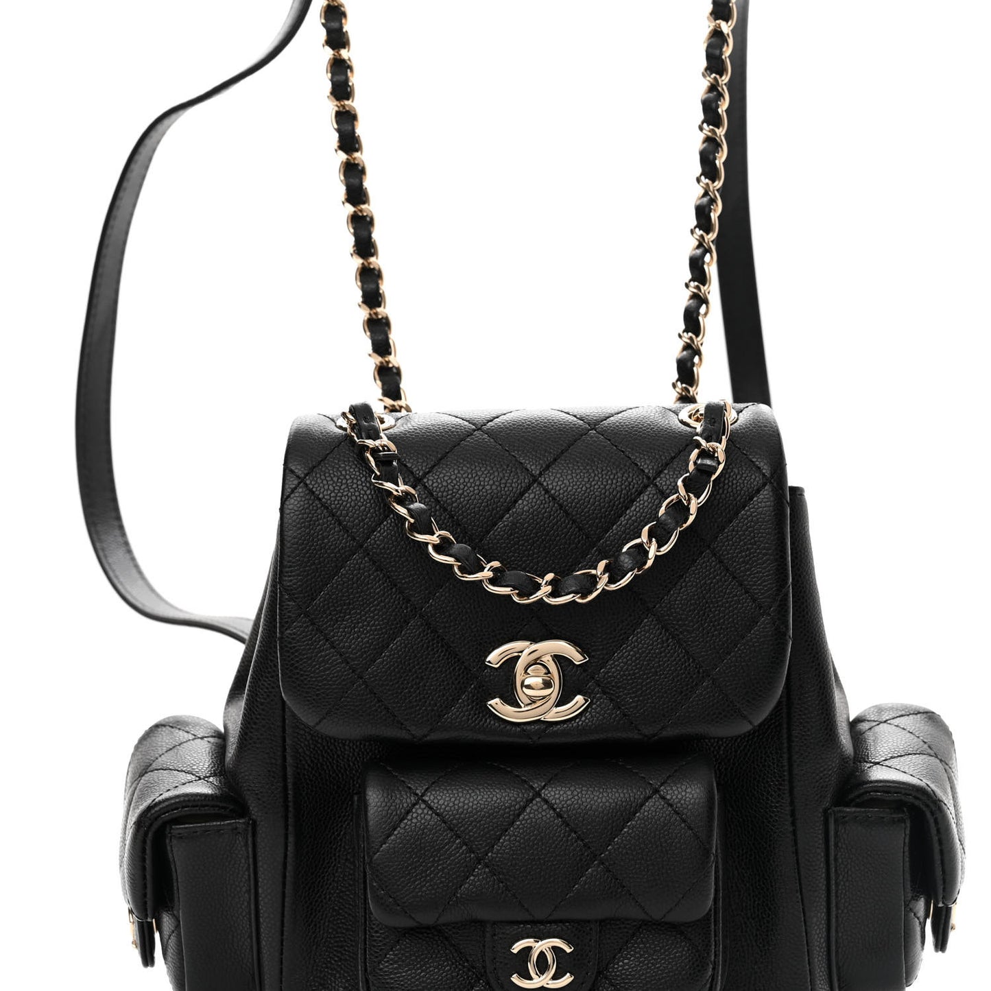 Shiny Caviar Quilted Small Pockets Drawstring Backpack Black