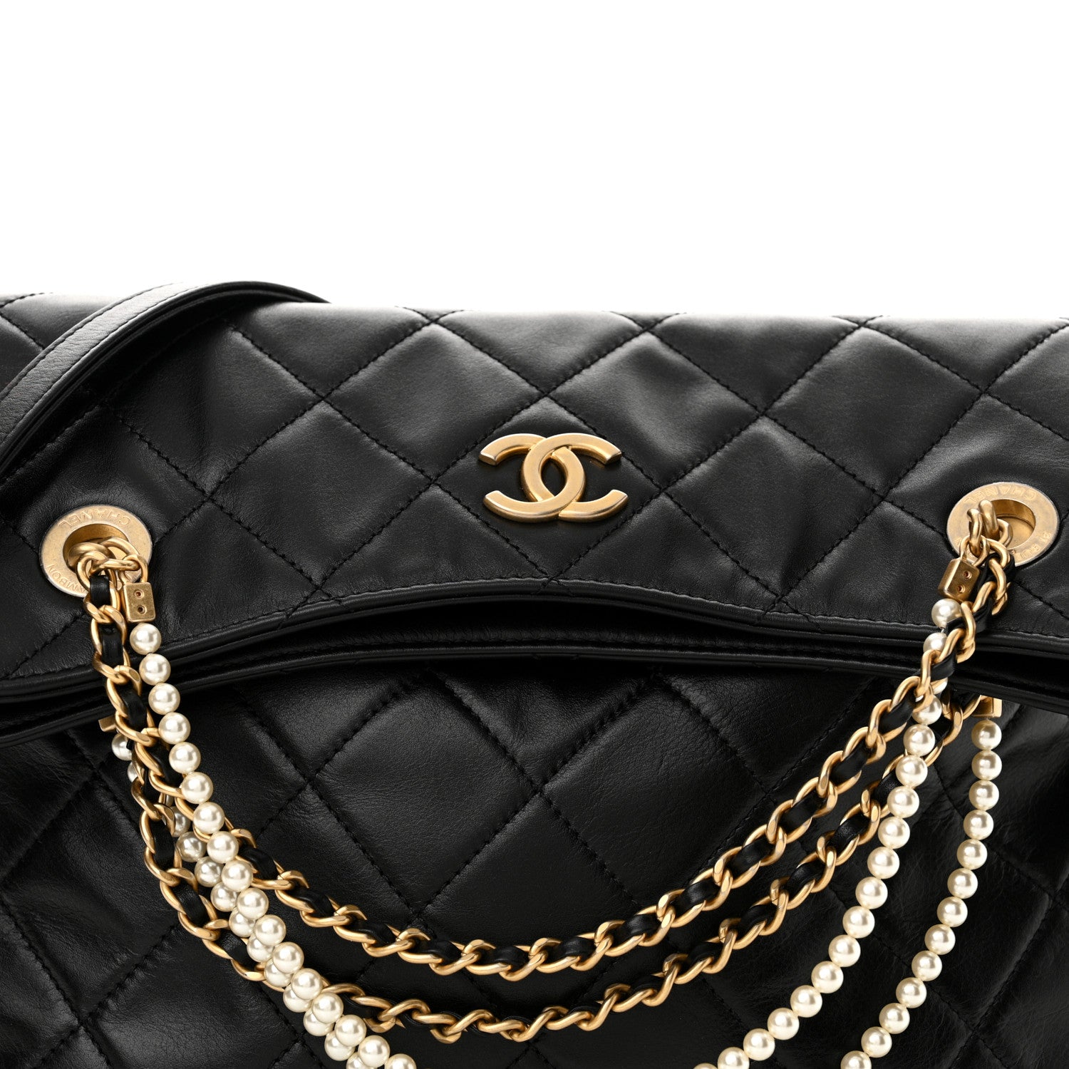 Chanel Calfskin Quilted Crystal Pearls Fold Over Shopping Tote Black 7 of 11