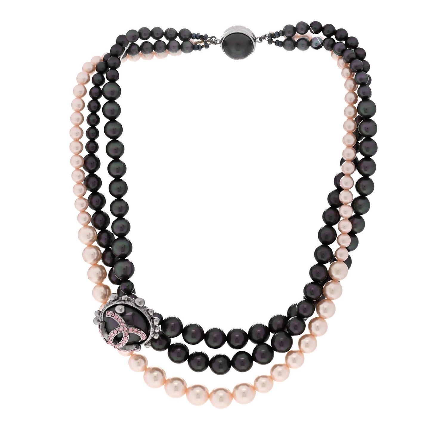 Pearl Crystal Multi Strand Short Necklace Silver Pink