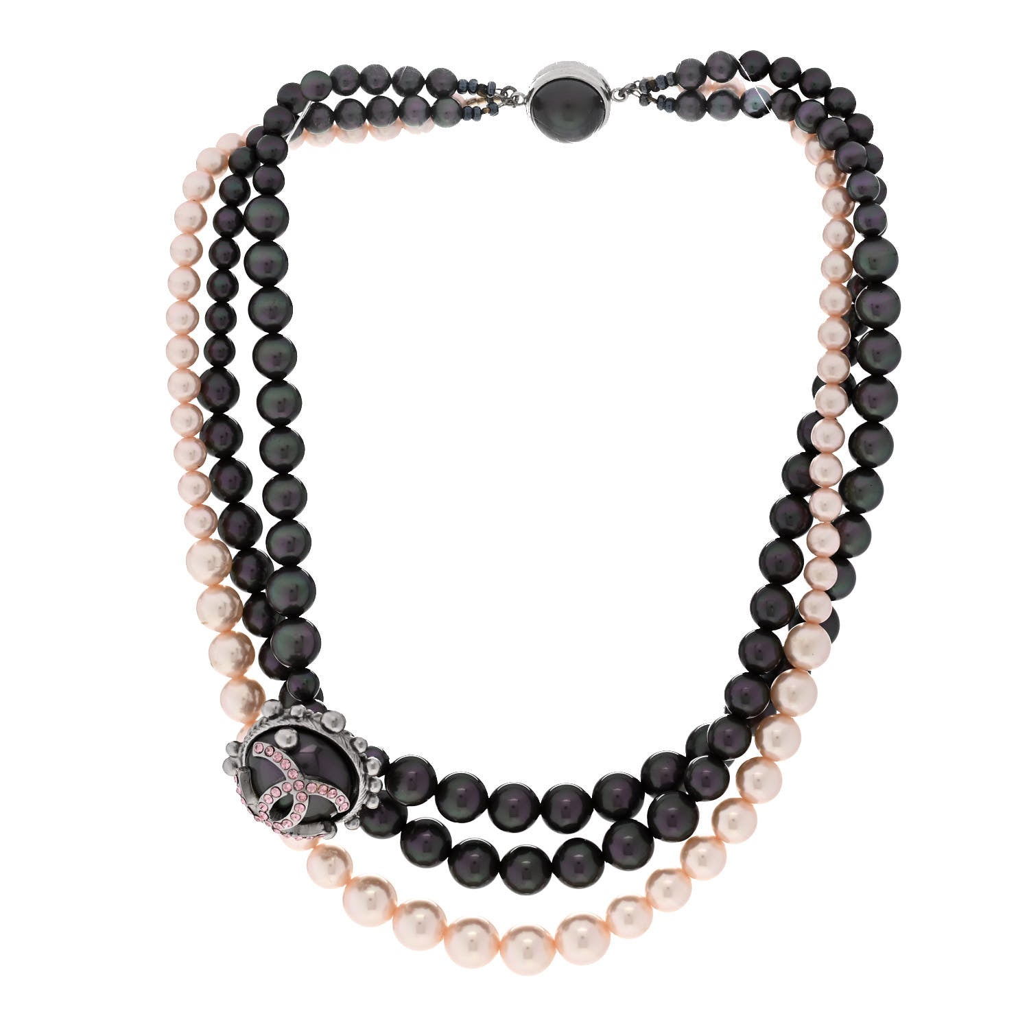 Chanel Pearl Crystal Multi Strand Short Necklace Silver Pink 3 of 7