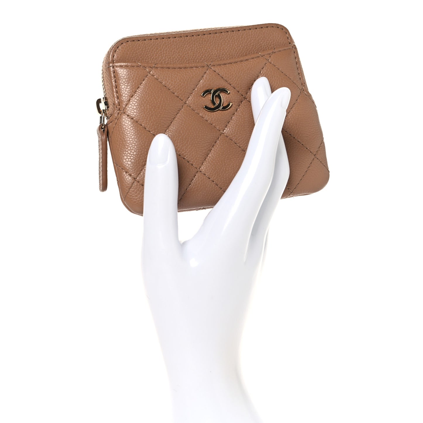 Caviar Quilted Zip Card Holder Wallet Beige