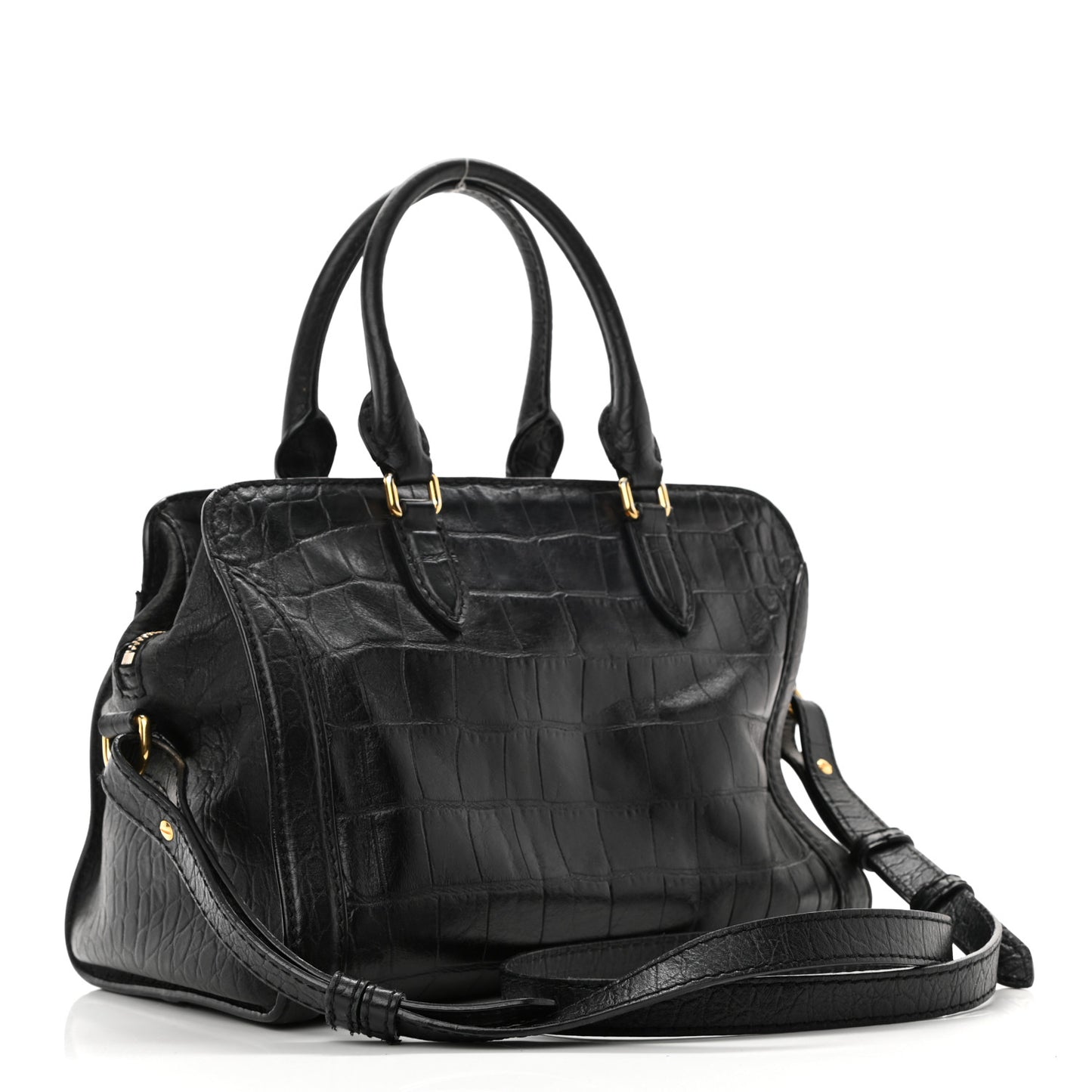 Calfskin Crocodile Embossed Small Skull Padlock Zip Around Tote Black