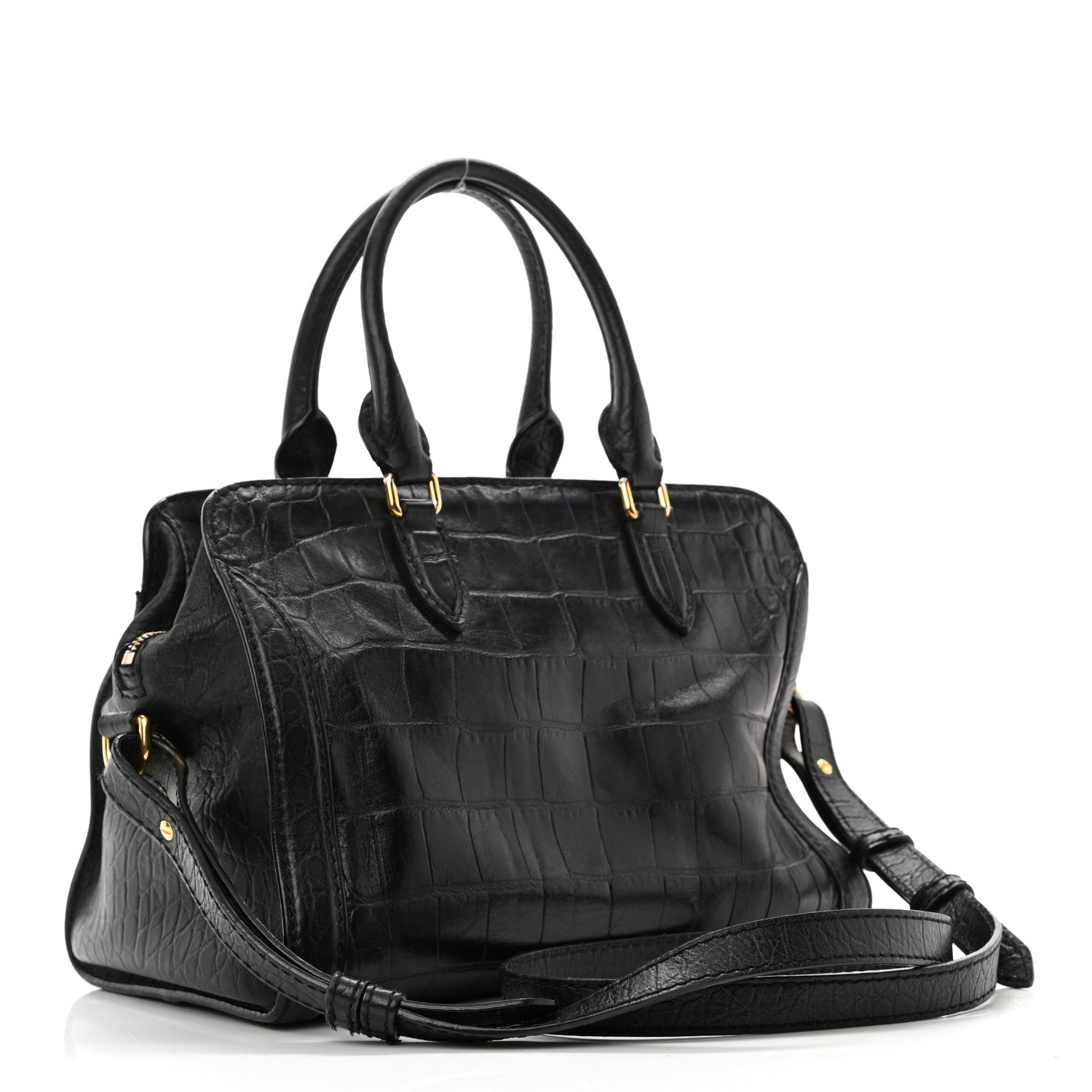 Alexander McQueen Calfskin Crocodile Embossed Small Skull Padlock Zip Around Tote Black 3 of 13