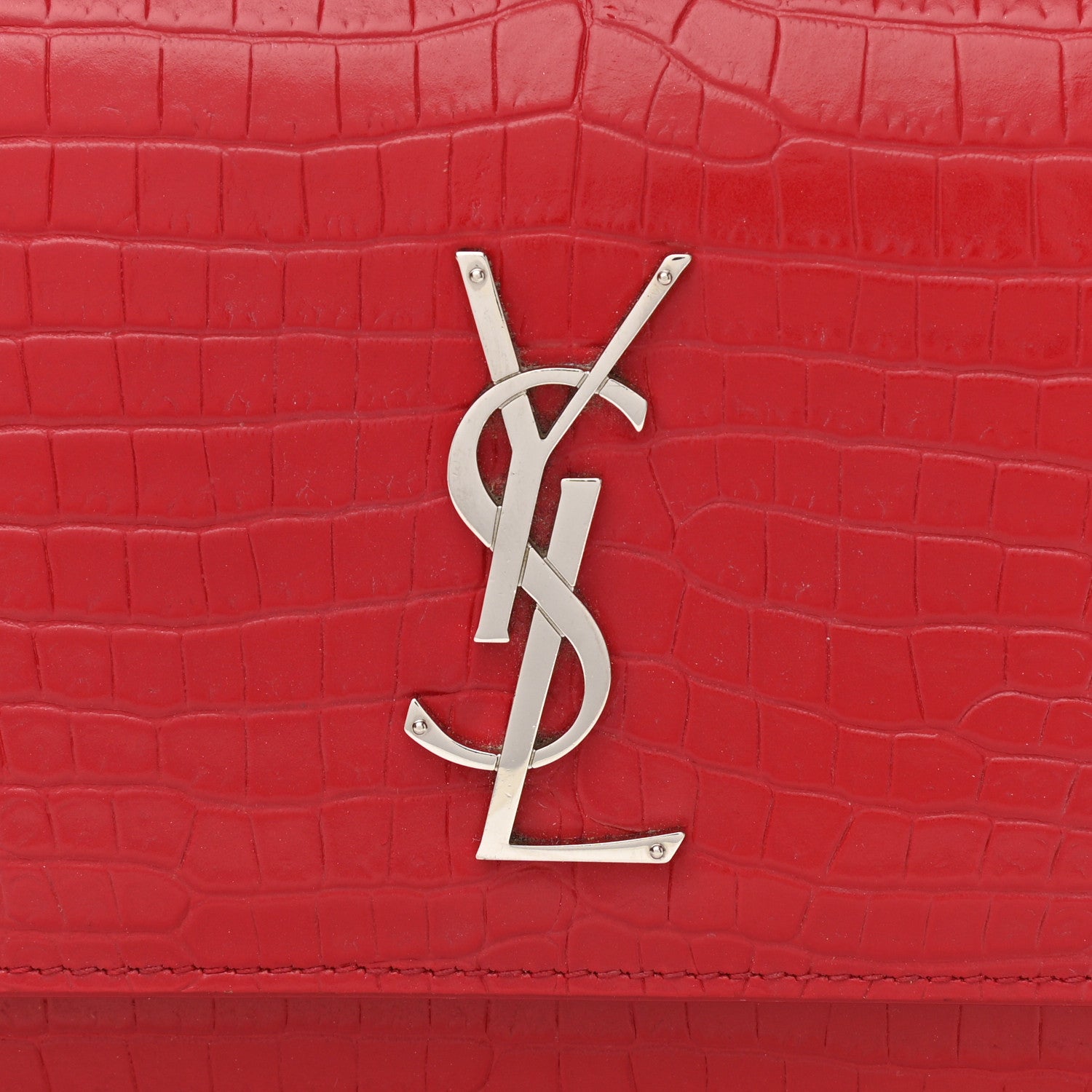Saint Laurent Calfskin Crocodile Embossed Monogram Sunset Chain Wallet Rouge Eros 7 of 17