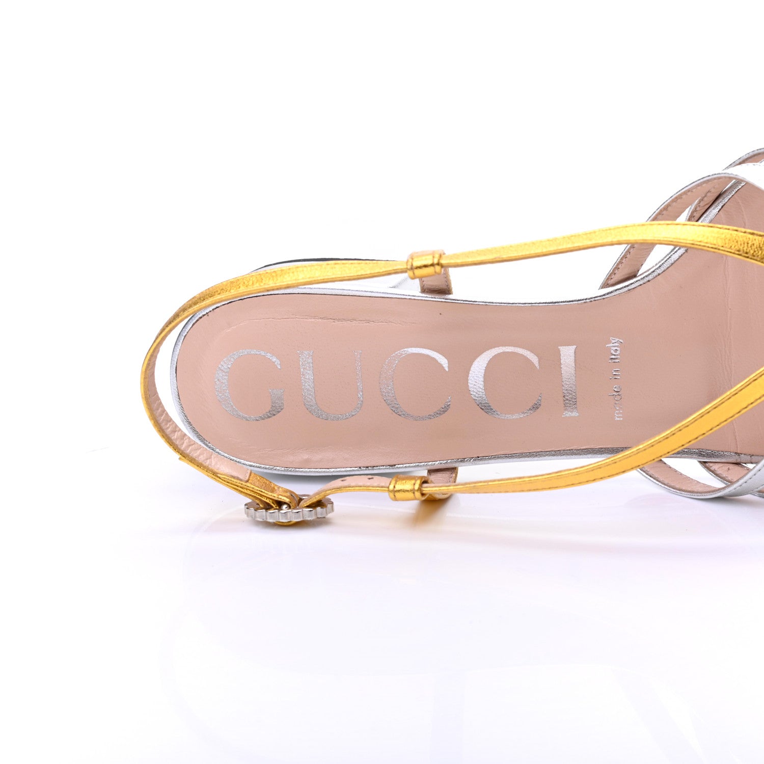 Gucci Metallic Nappa Crystal Zephyra Slingback Low Heel Sandals 38 Silver Gold 7 of 11