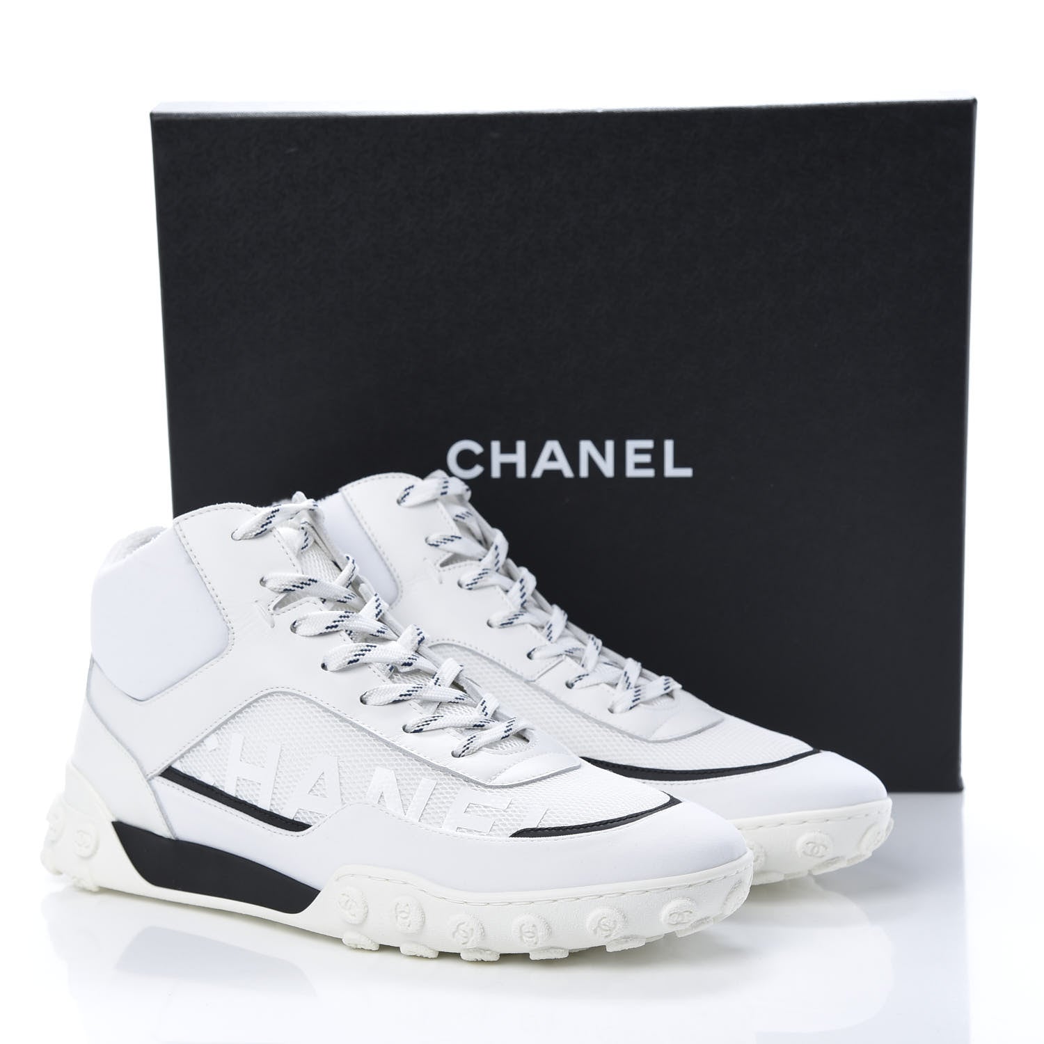 Chanel Calfskin Mesh Lycra Womens Logo High Top Sneakers 42 White 9 of 9
