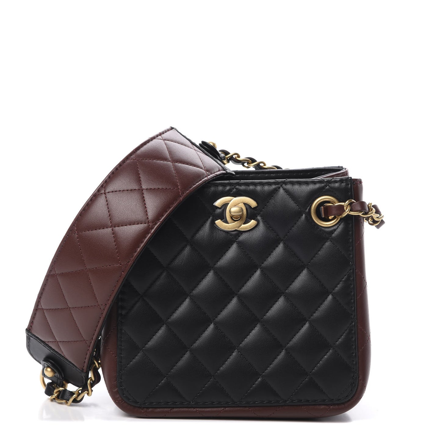 Calfskin Quilted Strap Into Bucket Bag Black Brown