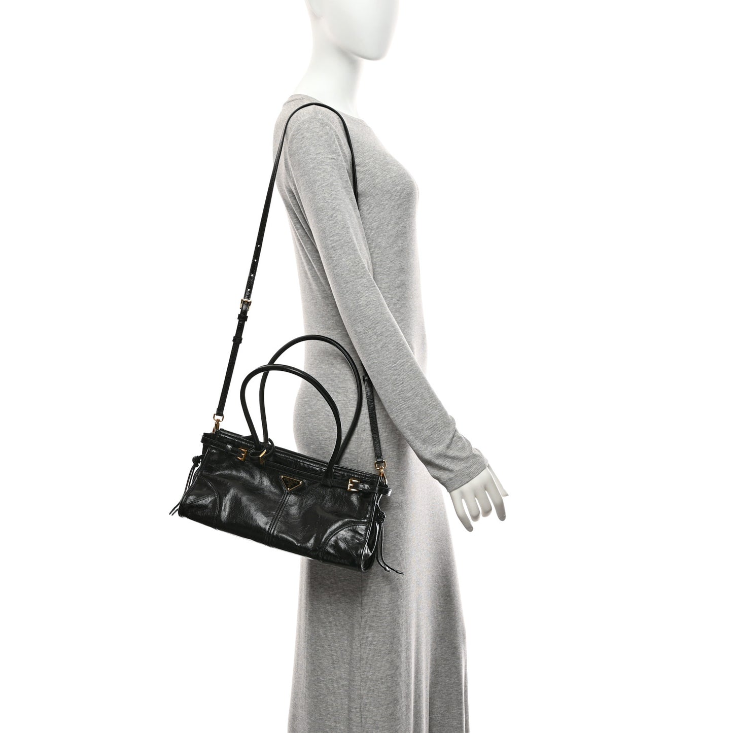Glossy Calfskin Triangle Medium Bonnie Shoulder Bag Black